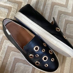 Black Leather with gold hardware slip in sneakers